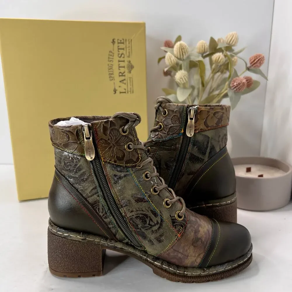 L'Artiste by Spring Step Fallinluv Leather Boot Olive Multi Women 4.5-5 NWB